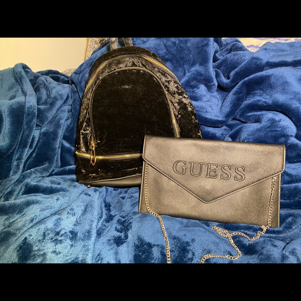 1 velvet black bag pack , 1 shoulder guess purse
